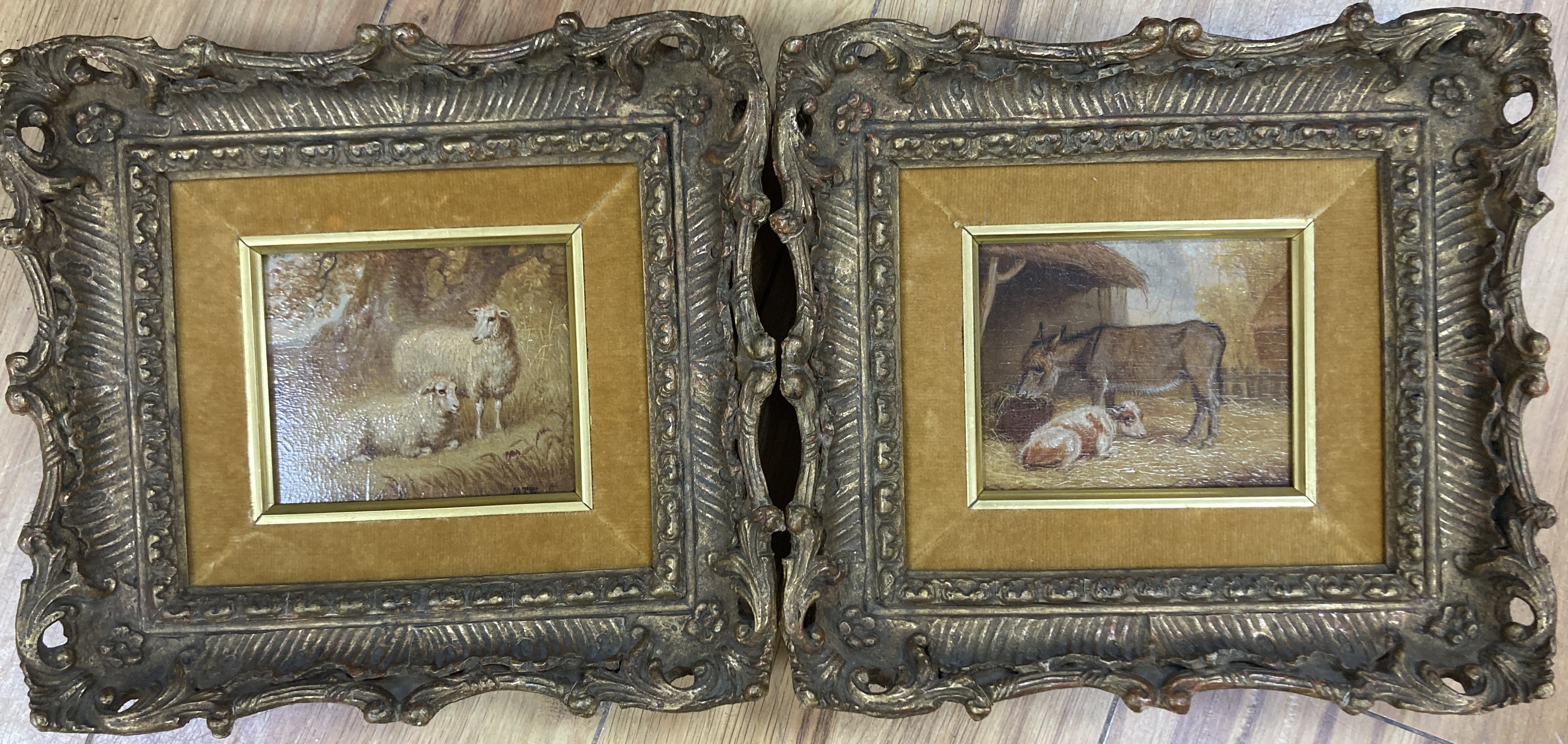Martin Theodore Ward, pair of oils on panel, Sheep beneath a tree and donkey and calf beside a stable, 8 x 10cm